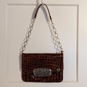 Brighton All You Need Is Love faux croc brown patent leather shoulder bag